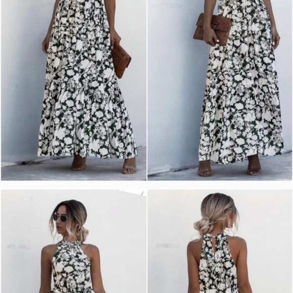 Green / White Floral Print Sleeveless Maxi Dress - Picture 2 of 2